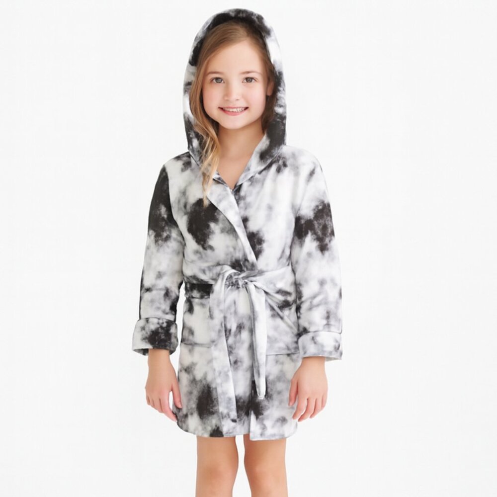 Wonder Nation Plush Fleece Robe Hooded Black White Tie Dye Girls Medium (7/8)